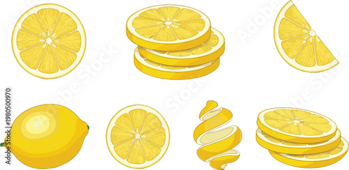 фотографія Collection of fresh yellow lemon vector illustrations featuring whole fruit roun
