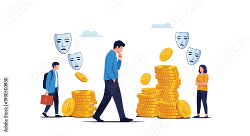 Thoughtful man standing between piles of gold coins and floating dramatic masks representing the pursuit of wealth and identity.