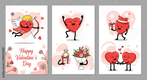 Beautiful Valentine's Day themed greeting card templates with happy heart characters, flowers, and romantic gifts.