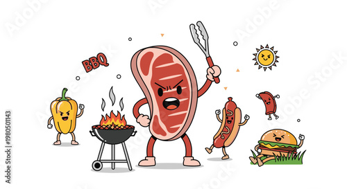 Fun barbecue party illustration featuring a large steak character, hot dog, hamburger, and grilled vegetables.