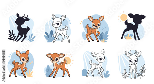 Group of adorable deer illustrations in different artistic styles from simple silhouettes to colorful characters.