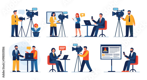 Diverse collection of television production scenes with news anchors, journalists, and camera crews in a studio.