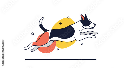 Minimalist art showing a energetic black and white dog jumping high over colorful abstract geometric shapes.