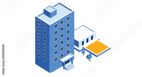 Blue isometric illustration of a multi-story modern residential apartment building with stairs and a small side courtyard.