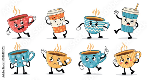Set of happy cartoon coffee cups and takeaway mugs expressing different emotions in fun poses on white background.