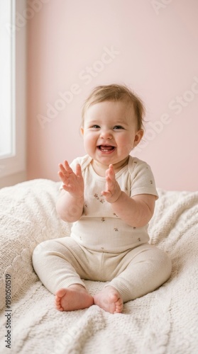 A baby sits on a blanket, clapping hands and smiling in a bright room with soft light