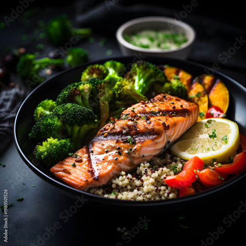 Deliciously grilled salmon fillet served in a bowl with healthy steamed broccoli florets and cooked quinoa grains topped with fresh lemon slices and juicy tomato pieces creating a nutritious colorful 