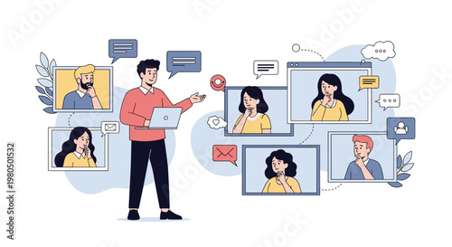 Business professional man giving a presentation using a laptop with several colleagues appearing in virtual video call windows.