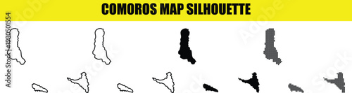 Tableau sur toile Comoros map silhouette vector set with island border outline and solid black shapes on transparent background grid