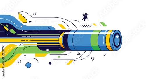 Abstract futuristic technology illustration featuring a large blue tube with motion lines and a tiny astronaut in outer space.