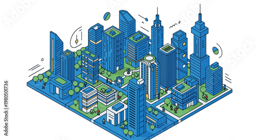 Detailed isometric city map featuring blue skyscrapers, urban greenery, walking paths, and tiny people going about their day.