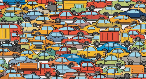 Colorful cartoon cars packed tightly together in a busy street scene.