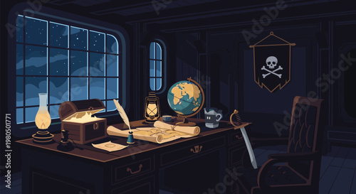 Atmospheric dark interior of a pirate captain's cabin featuring a wooden desk with a map, globe, treasure chest, and skull flag.