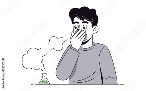 Man covering nose reacting to sharp chemical fumes.