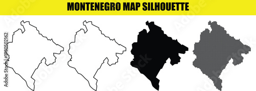 Montenegro map silhouette collection featuring outline design solid black vector and creative halftone dot style.
