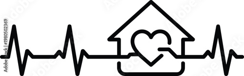 Medical Healthcare Heartbeat Line Icon Integrated With House and Heart Shape Symbol Representing Home Care Nursing Services Family Health Insurance and Residential Medical Assistance