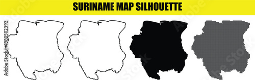 Suriname map silhouette collection with border outline and solid black shapes plus dotted pattern on transparent.