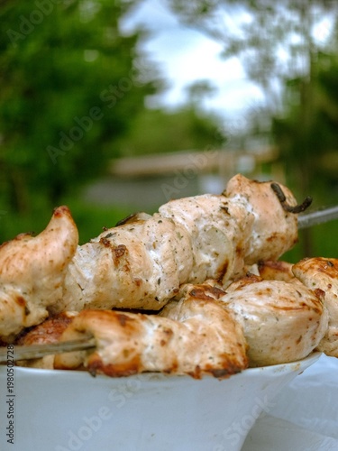 Delicious pieces of marinated chicken meat are being grilled on metal skewers for an outdoor meal