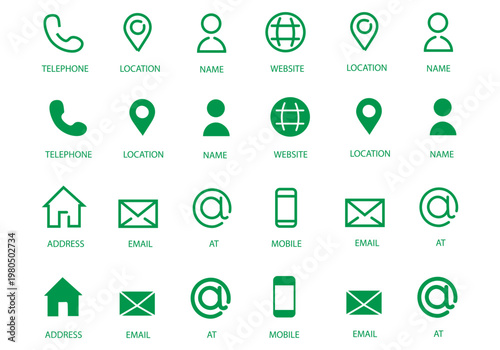 Business card and contact information icon set graphic elements. Flat filled and thin line editable stroke icons for phone, email, address, location, website, fax, and personal data symbols.