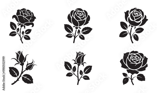 Collection of black rose flower icons with leaves and buds on white background vector.