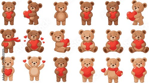 Set of Cute Teddy Bear Vector Illustrations Holding Hearts for Valentine’s Day, Love, and Romantic Celebration Designs