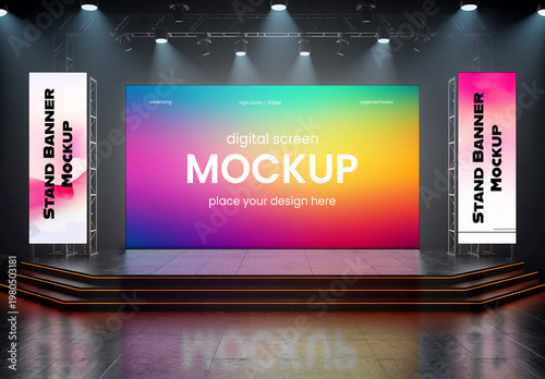 Event Stage Mockup with Large Digital Screen and Two Vertical Stand Banners in Dark Hall