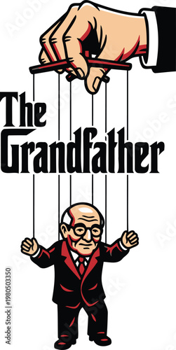 The godfather puppet master hand controlling marionette character representing power and control in organized crime.