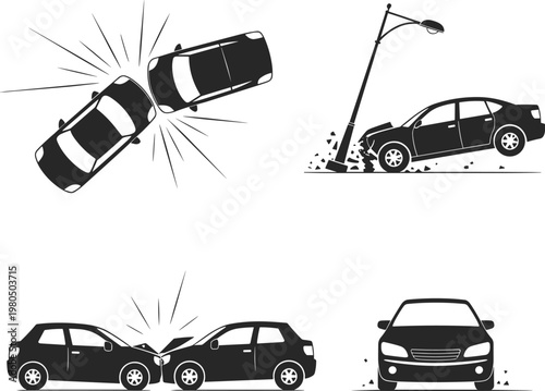 Car accident illustrations, vehicle collision, crash impact, head-on collision, car hitting pole, traffic safety, insurance concept, road hazard, black silhouette, educational design