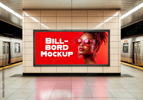 Horizontal Billboard Mockup on Tiled Wall in Subway Station Platform with Trains and Fashion Model