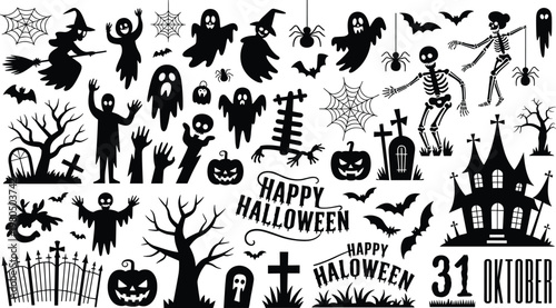 Halloween silhouettes, spooky haunted house, witches on broomsticks, ghosts, skeletons, bats, pumpkins, spider webs, gravestones, zombie hands, eerie trees, festive design