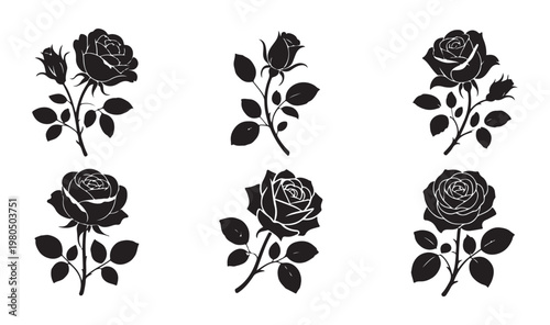 Set of black rose silhouettes with leaves and buds isolated on white background vector.