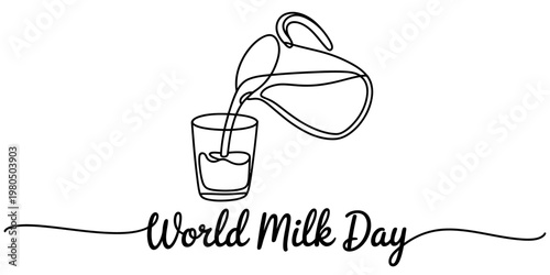 A minimalist single line drawing of milk being poured into a glass for the world milk day event. Vector, illustration