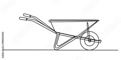A simple black and white line drawing of a standard garden wheelbarrow on a flat ground surface Vector, illustration