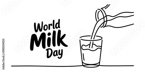 A simple black and white line art illustration celebrating the occasion of world milk day event Vector, illustration