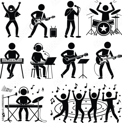 Music performance stick figures, guitar player, singer microphone, drummer illustration, keyboard artist, dancing group, musical notes, creative art, entertainment