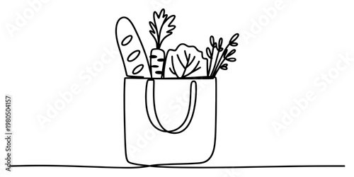 A simple black and white line drawing of a grocery bag filled with fresh vegetables and bread Vector, illustration