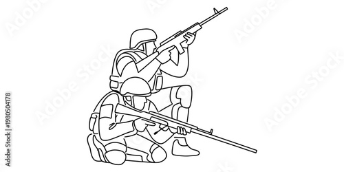 A simple black and white line drawing of two soldiers kneeling while aiming their rifles forward Vector, illustration