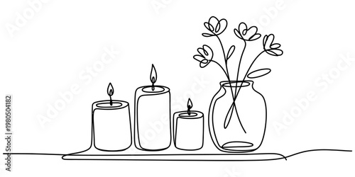 Minimalist continuous line drawing of three lit candles and a simple vase filled with flowers Vector, illustration