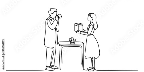 A single continuous line drawing of a man drinking coffee while a woman offers him a small gift Vector, illustration