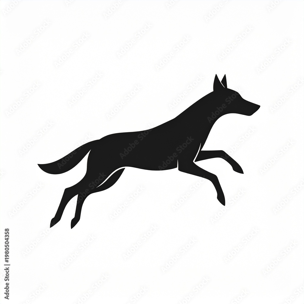 Fototapeta premium Black silhouette dog running mid-air against white background
