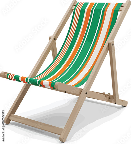 Wooden Beach Chair with Green, Orange, and White Striped Fabric