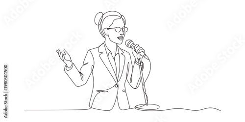 One line drawing of a businesswoman speaking into a microphone. Minimalist vector illustration of a public speaker or presenter giving a talk. Professional business presentation concept