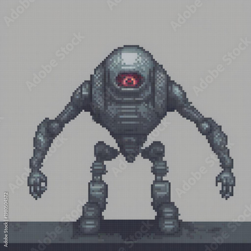 A pixel art image of a humanoid robot with a glowing eye, standing on a grey background.