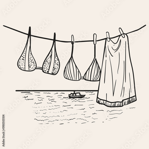 Hand drawn illustration of beach clothes hanging on a clothesline with a small boat on the sea in the background