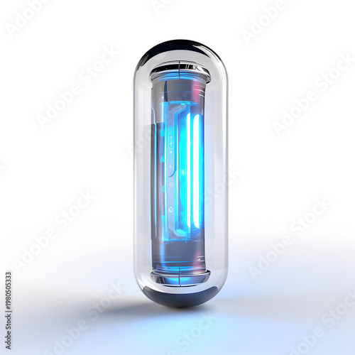 Futuristic capsule containing a glowing blue energy core designed with sleek transparent glass casing to showcase high technology hardware that emits bright light and represents scientific innovation 