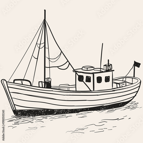 Hand drawn sketch of a fishing boat on the water