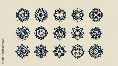 Set of Fifteen Navy Blue Tribal Sun and Mandala Symbols with Floral Geometric Patterns, Vintage Boho Ornamental Icon Collection for Tattoo and Design