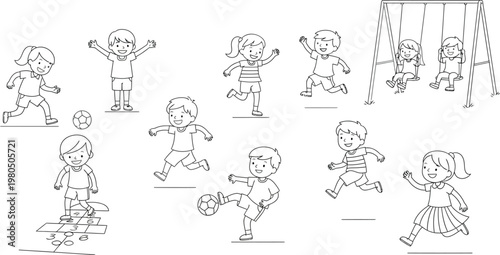 Happy diverse group of children joyfully playing various outdoor games and activities including soccer, hopscotch, and swinging in a lively park setting.