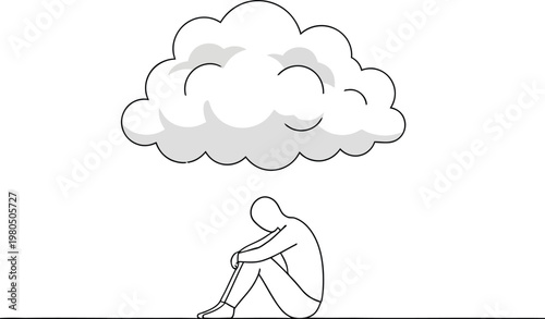 Simple line art drawing of a depressed person sitting alone under a cloud symbolizing sadness, loneliness, and mental health issues.