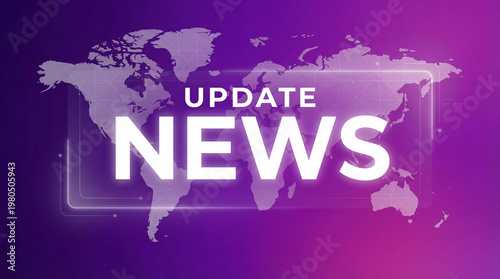 Abstract digital update news background with purple world map and glowing frame
